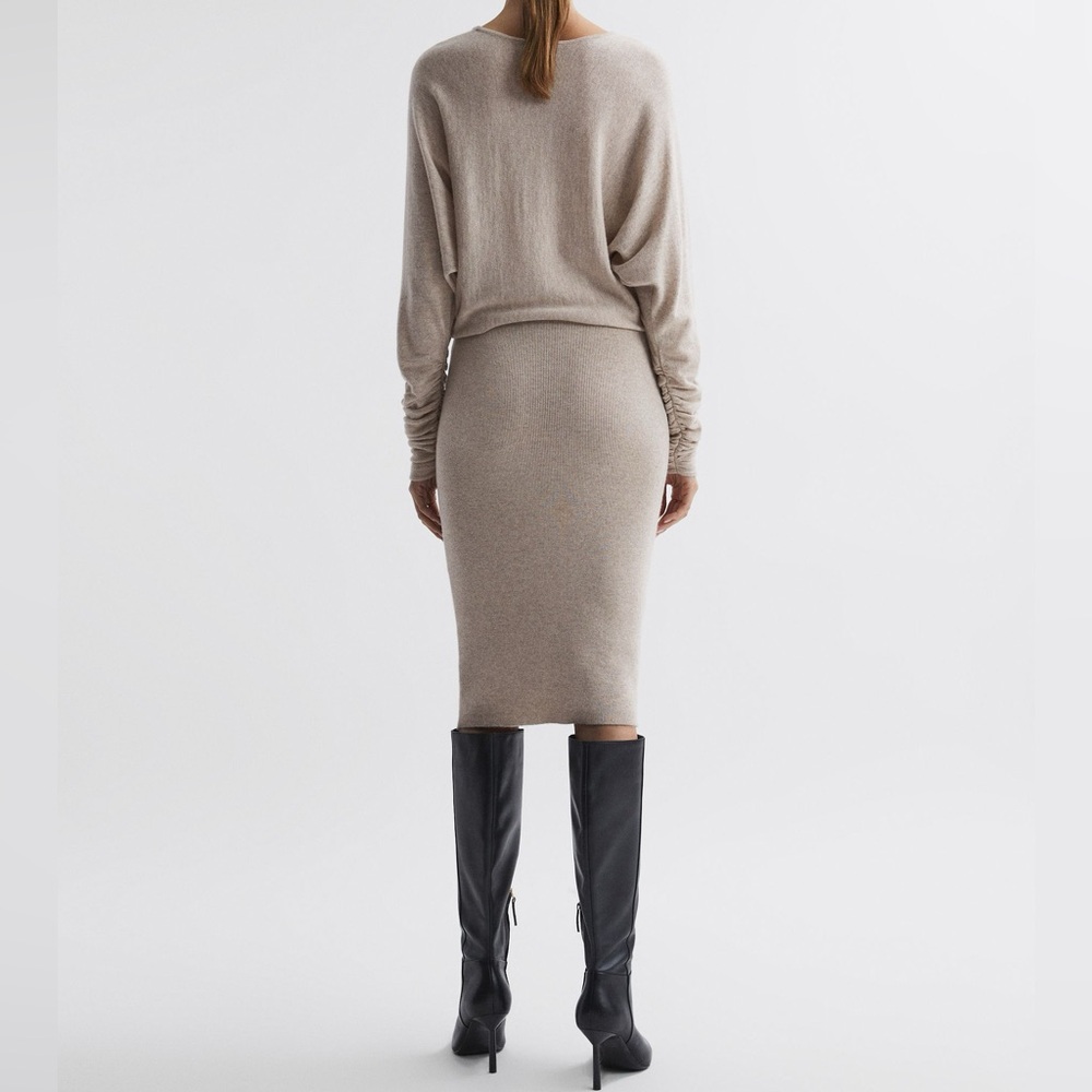 Reiss Leila Neutral Wool Blend Ruched Sleeve Dolman Midi Sweater Dress Size L - Picture 4 of 10